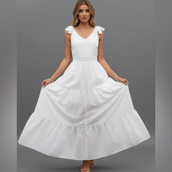 Eyelet Embroidery Shoulder Tie Ruffle Hem Dress White - Picture 2 of 8